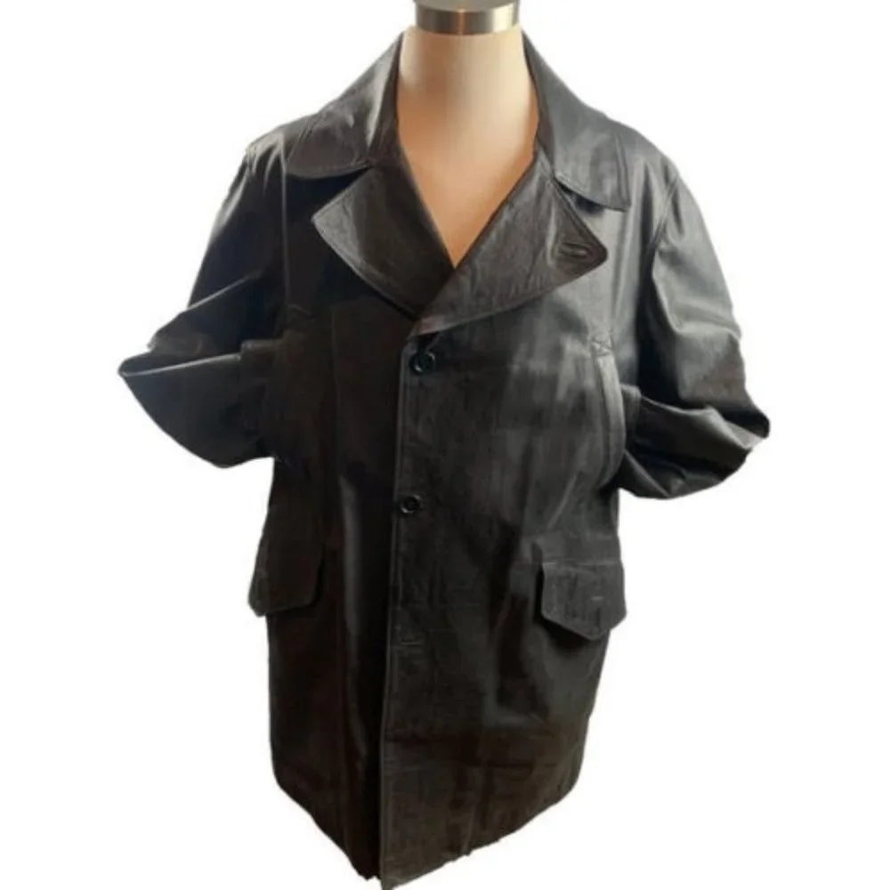 LUCIANO Labaratorio Black Leather 3/4 Quilted Button Trench Coat